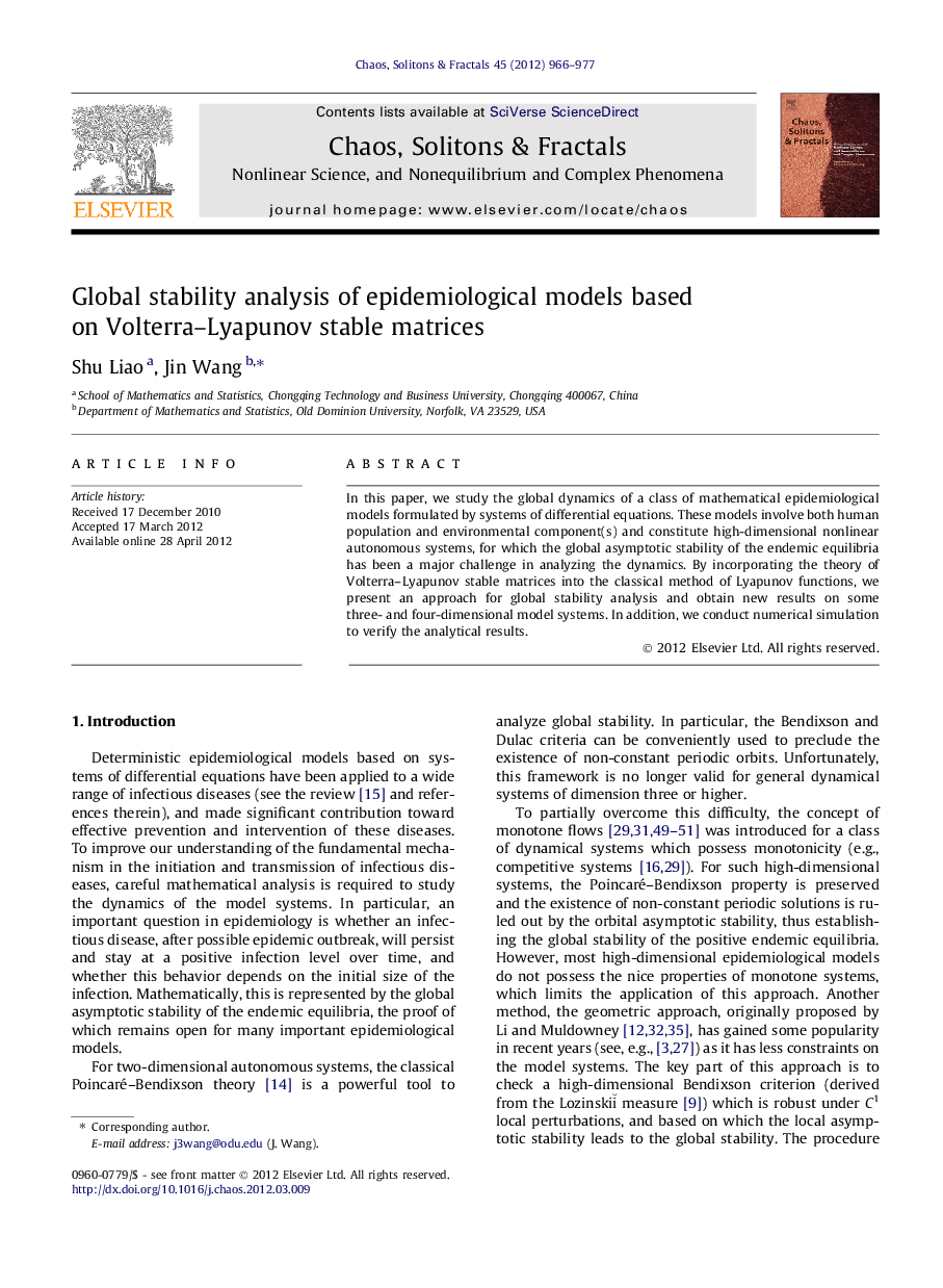 Global stability analysis of epidemiological models based on Volterra–Lyapunov stable matrices