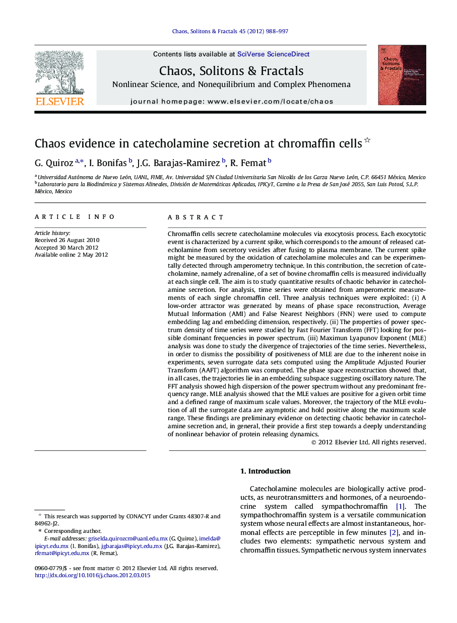 Chaos evidence in catecholamine secretion at chromaffin cells 
