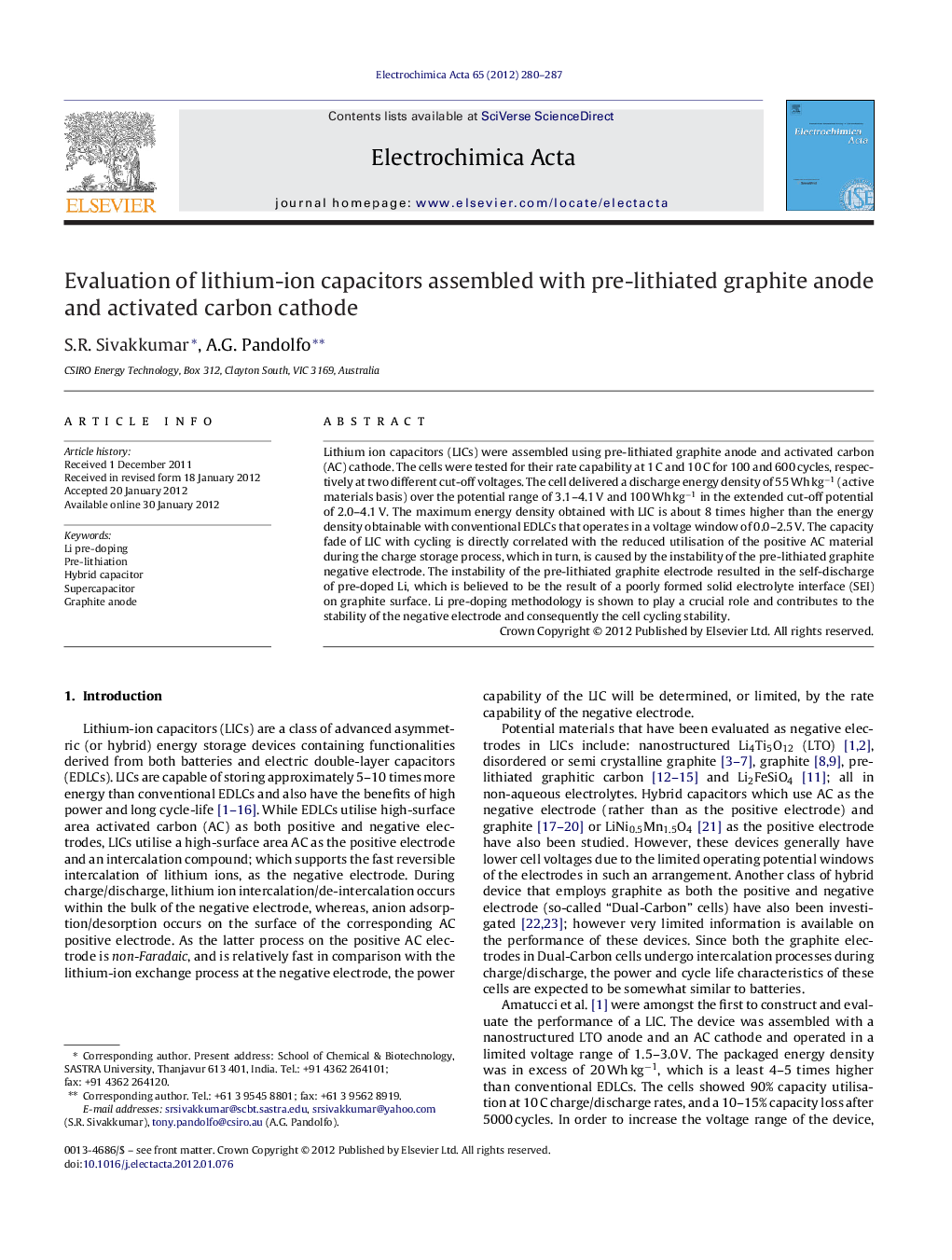 Evaluation of lithium-ion capacitors assembled with pre-lithiated graphite anode and activated carbon cathode