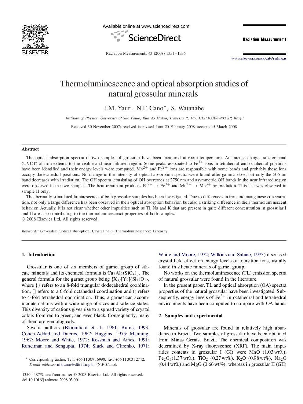 Thermoluminescence and optical absorption studies of natural grossular minerals