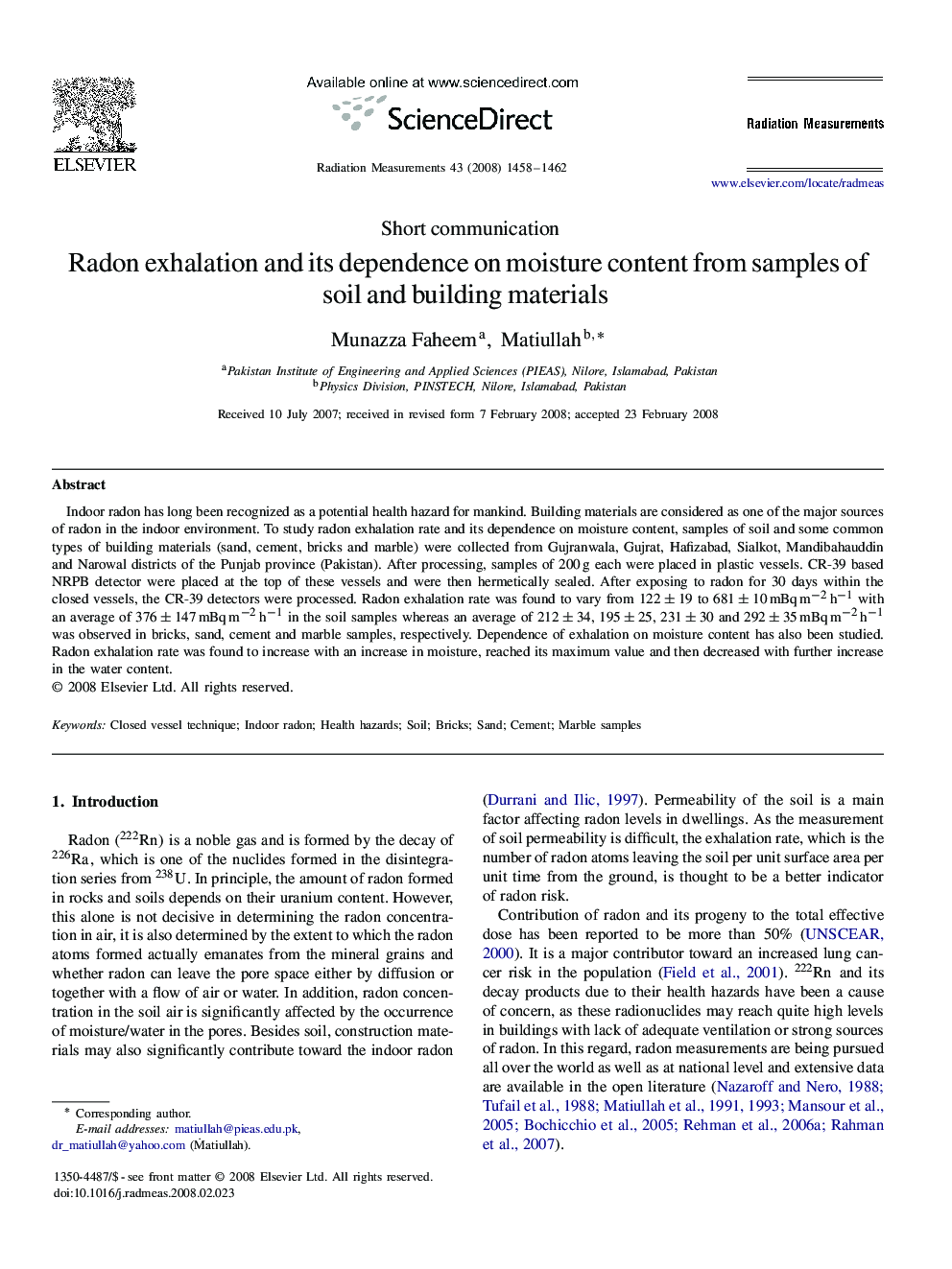 Radon exhalation and its dependence on moisture content from samples of soil and building materials