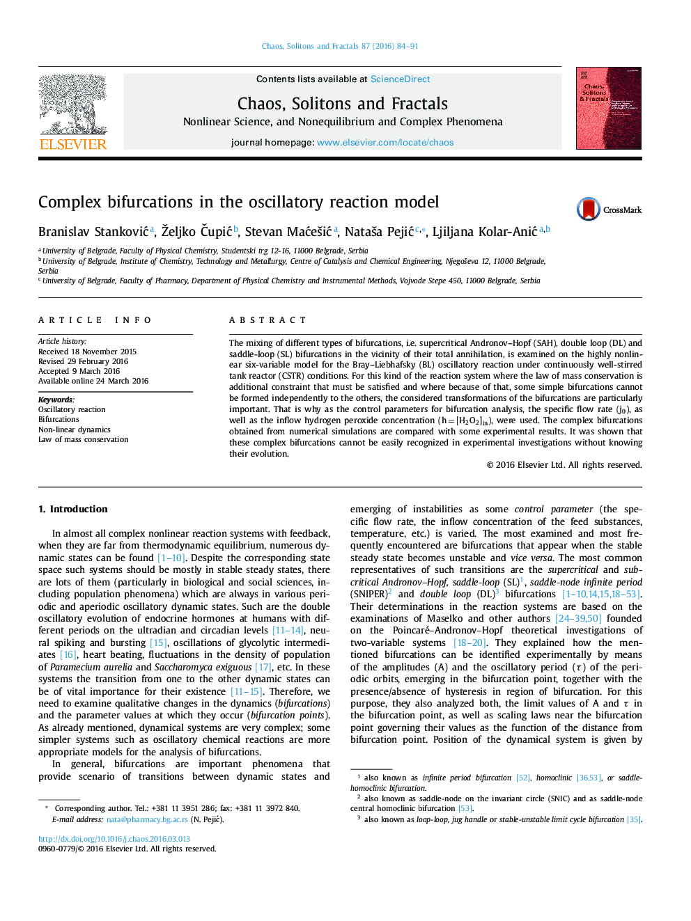 Complex bifurcations in the oscillatory reaction model