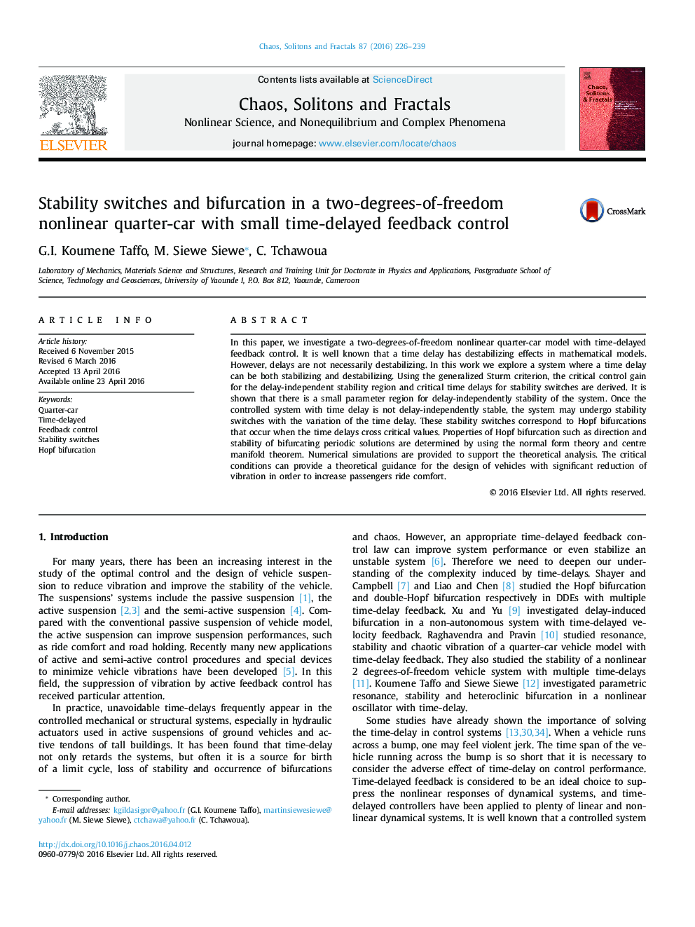 Stability switches and bifurcation in a two-degrees-of-freedom nonlinear quarter-car with small time-delayed feedback control