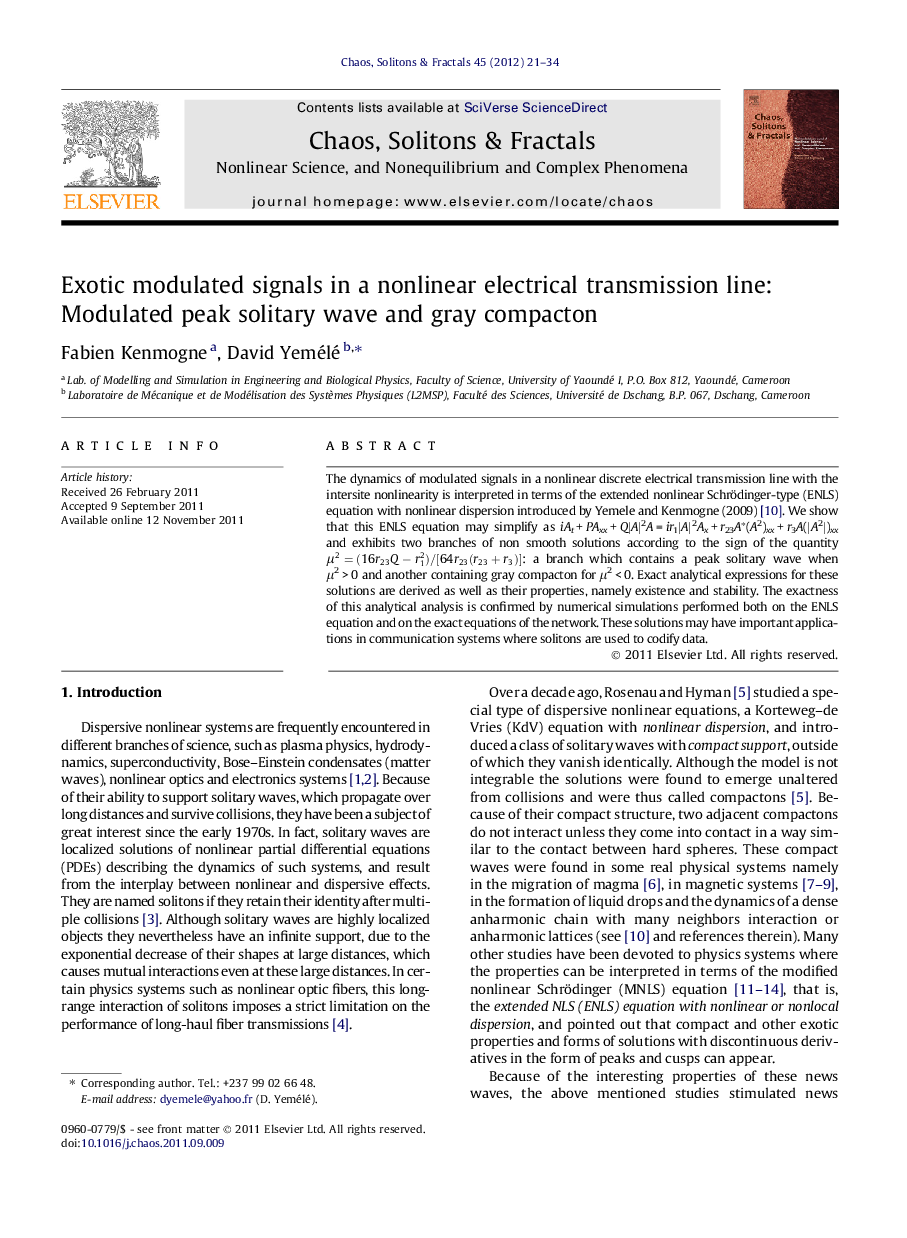عکس صفحه اول مقاله: Exotic modulated signals in a nonlinear electrical transmission line: Modulated peak solitary wave and gray compacton Exotic modulated signals in a nonlinear electrical transmission line: Modulated peak solitary wave and gray compacton