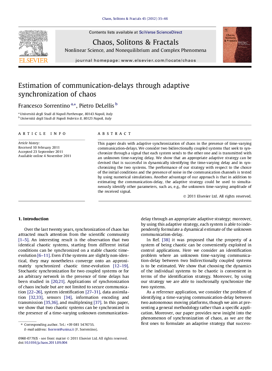 عکس صفحه اول مقاله: Estimation of communication-delays through adaptive synchronization of chaos Estimation of communication-delays through adaptive synchronization of chaos