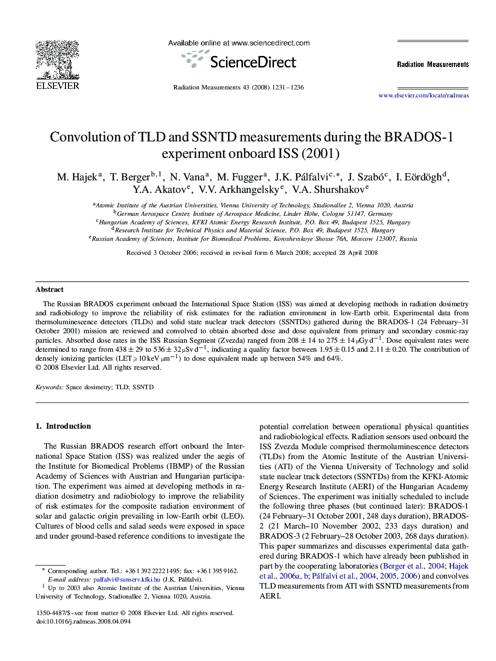 Convolution of TLD and SSNTD measurements during the BRADOS-1 experiment onboard ISS (2001)