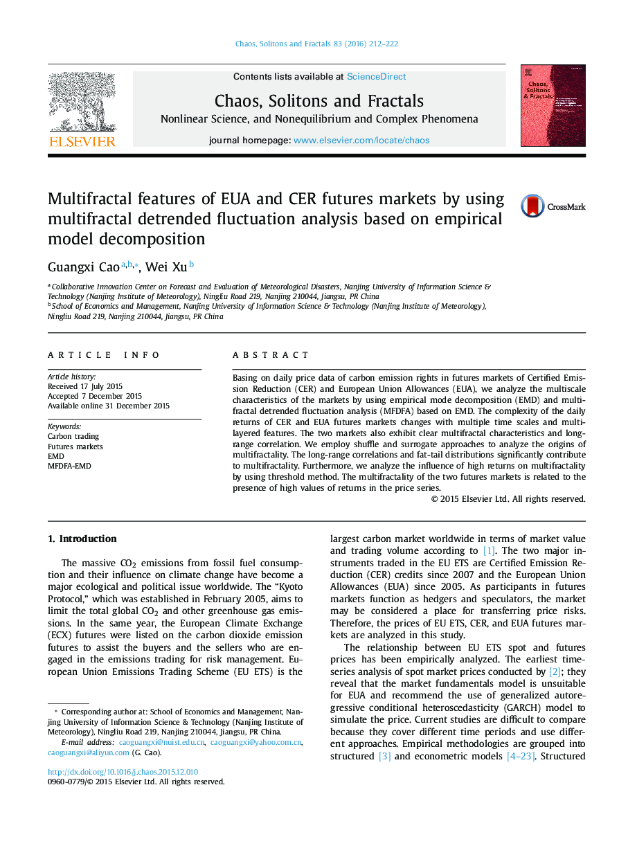 Multifractal features of EUA and CER futures markets by using multifractal detrended fluctuation analysis based on empirical model decomposition