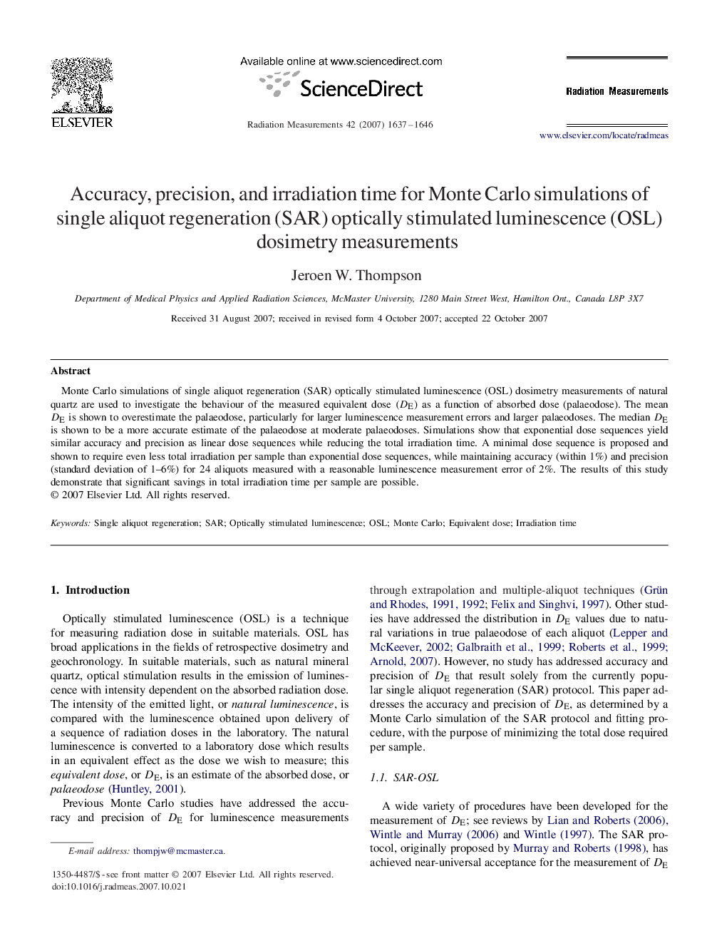 Accuracy, precision, and irradiation time for Monte Carlo simulations of single aliquot regeneration (SAR) optically stimulated luminescence (OSL) dosimetry measurements