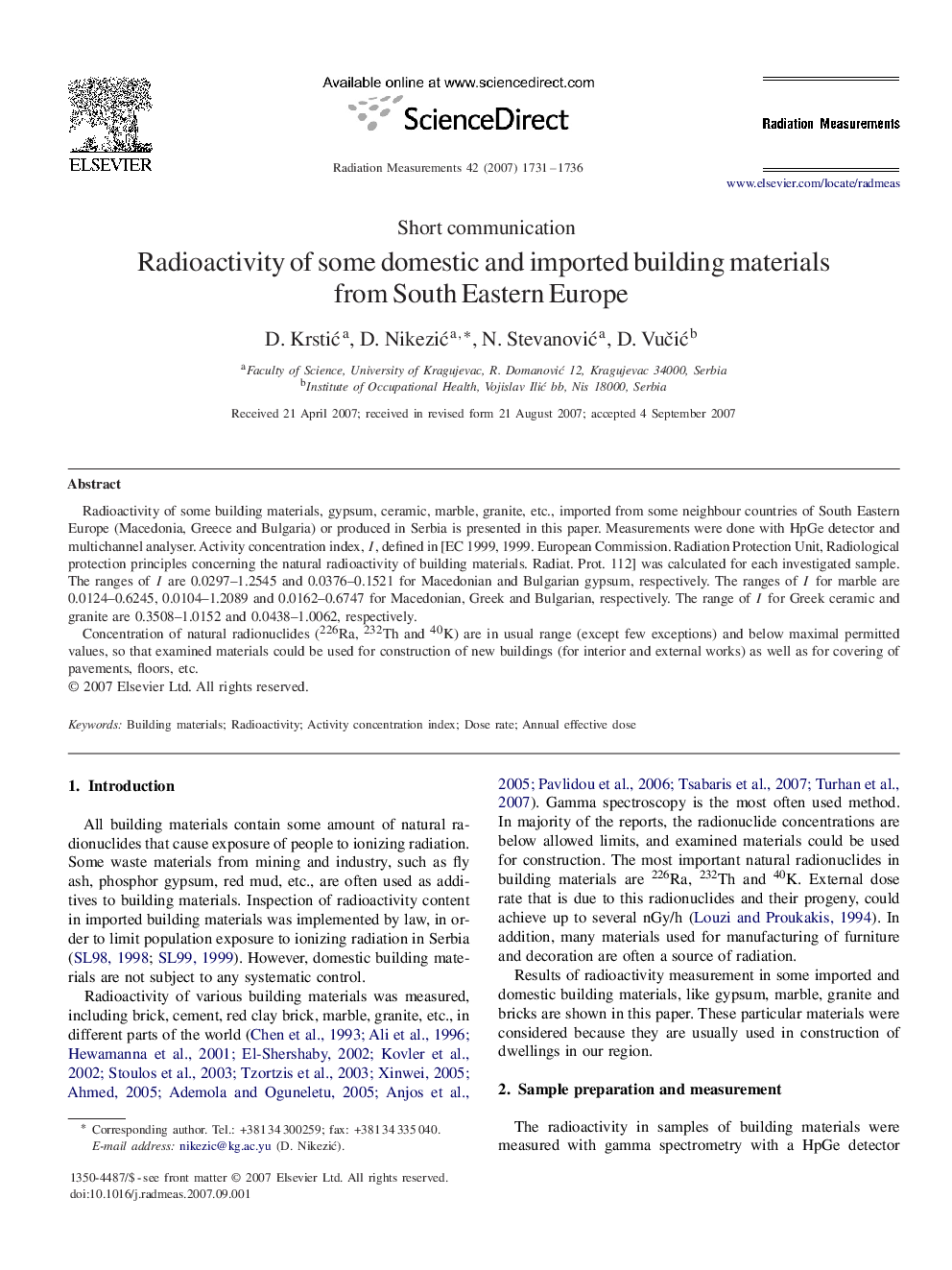 Radioactivity of some domestic and imported building materials from South Eastern Europe