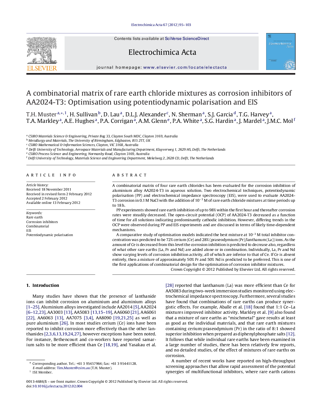 A combinatorial matrix of rare earth chloride mixtures as corrosion inhibitors of AA2024-T3: Optimisation using potentiodynamic polarisation and EIS