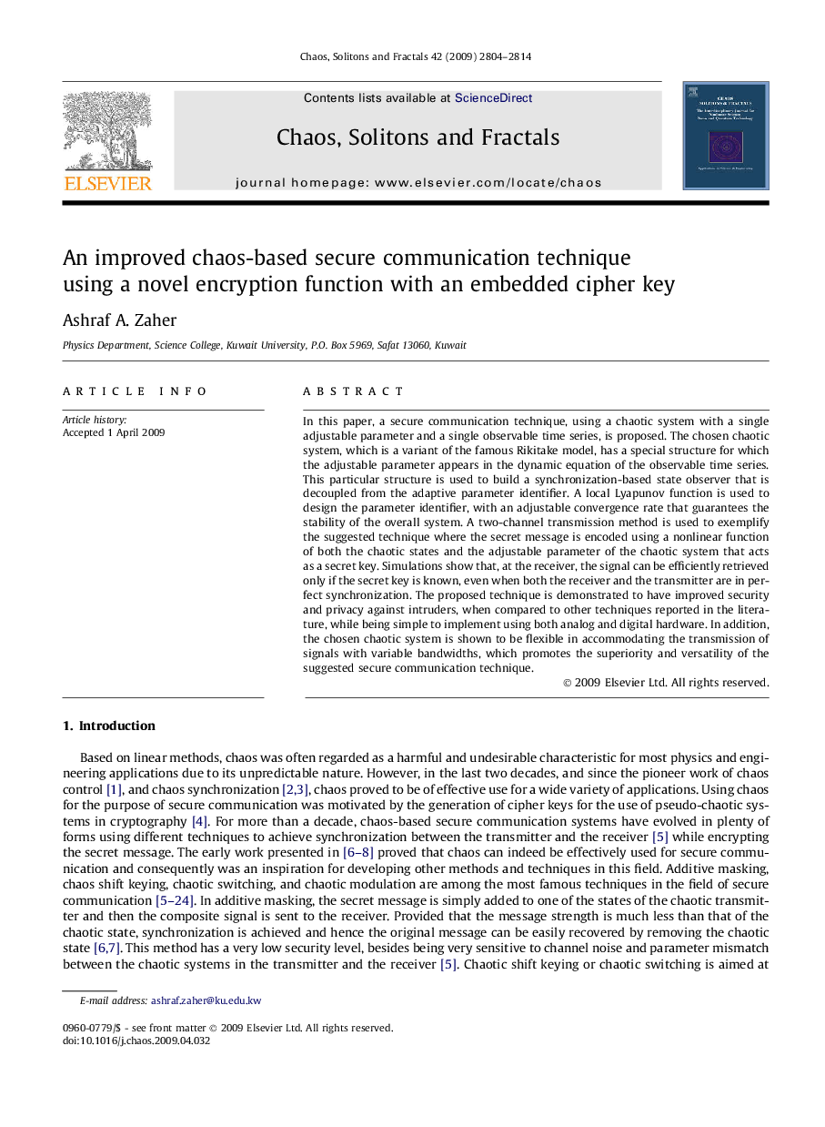 An improved chaos-based secure communication technique using a novel encryption function with an embedded cipher key