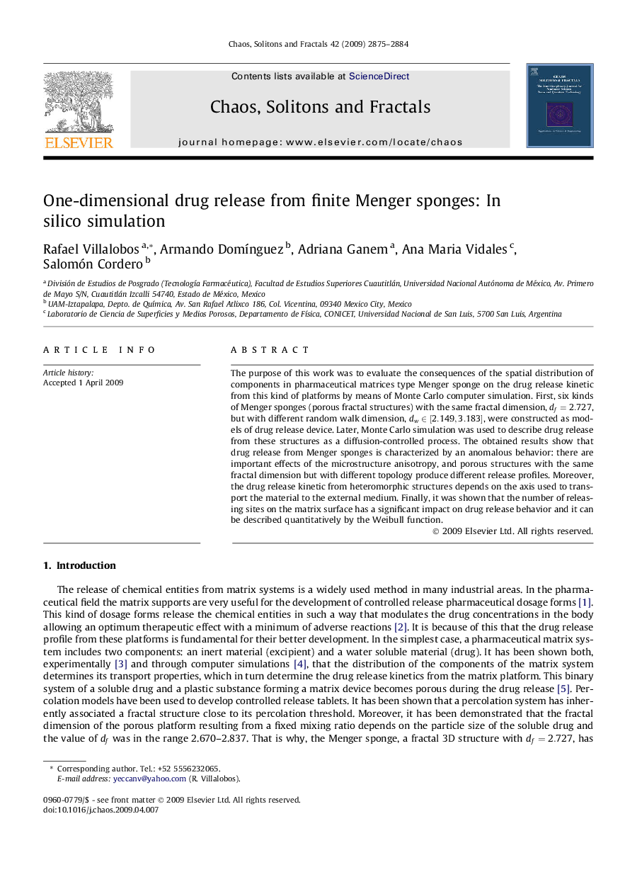 One-dimensional drug release from finite Menger sponges: In silico simulation
