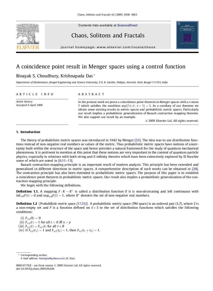 A coincidence point result in Menger spaces using a control function