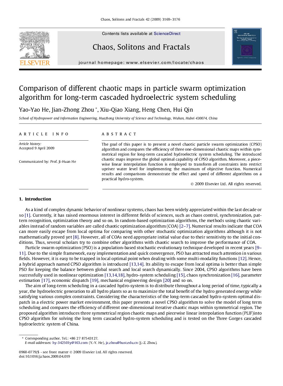 Comparison of different chaotic maps in particle swarm optimization algorithm for long-term cascaded hydroelectric system scheduling