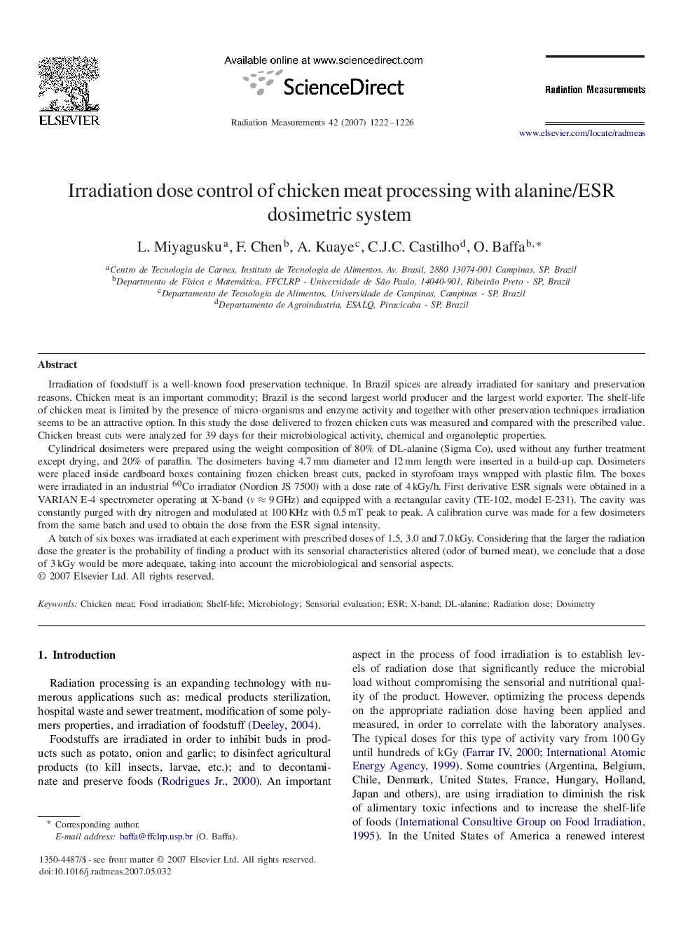 Irradiation dose control of chicken meat processing with alanine/ESR dosimetric system