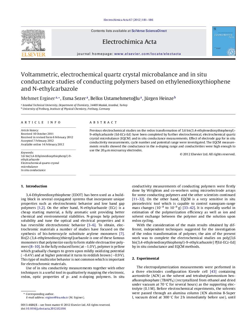 Voltammetric, electrochemical quartz crystal microbalance and in situ conductance studies of conducting polymers based on ethylenedioxythiophene and N-ethylcarbazole