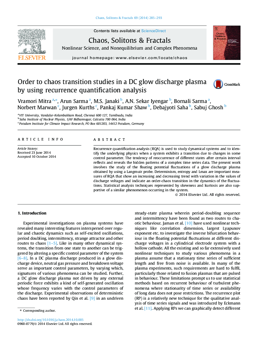Order to chaos transition studies in a DC glow discharge plasma by using recurrence quantification analysis