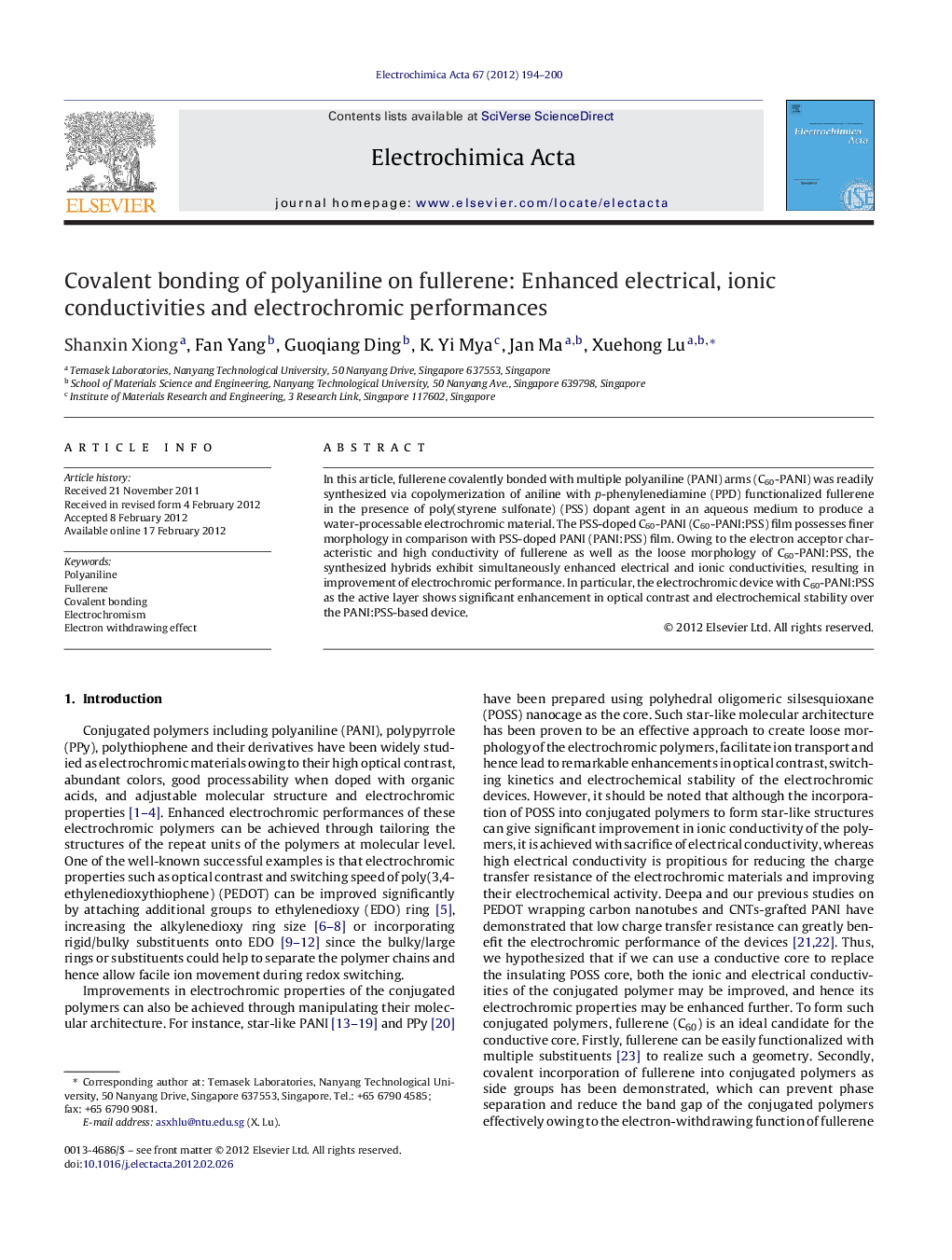 Covalent bonding of polyaniline on fullerene: Enhanced electrical, ionic conductivities and electrochromic performances