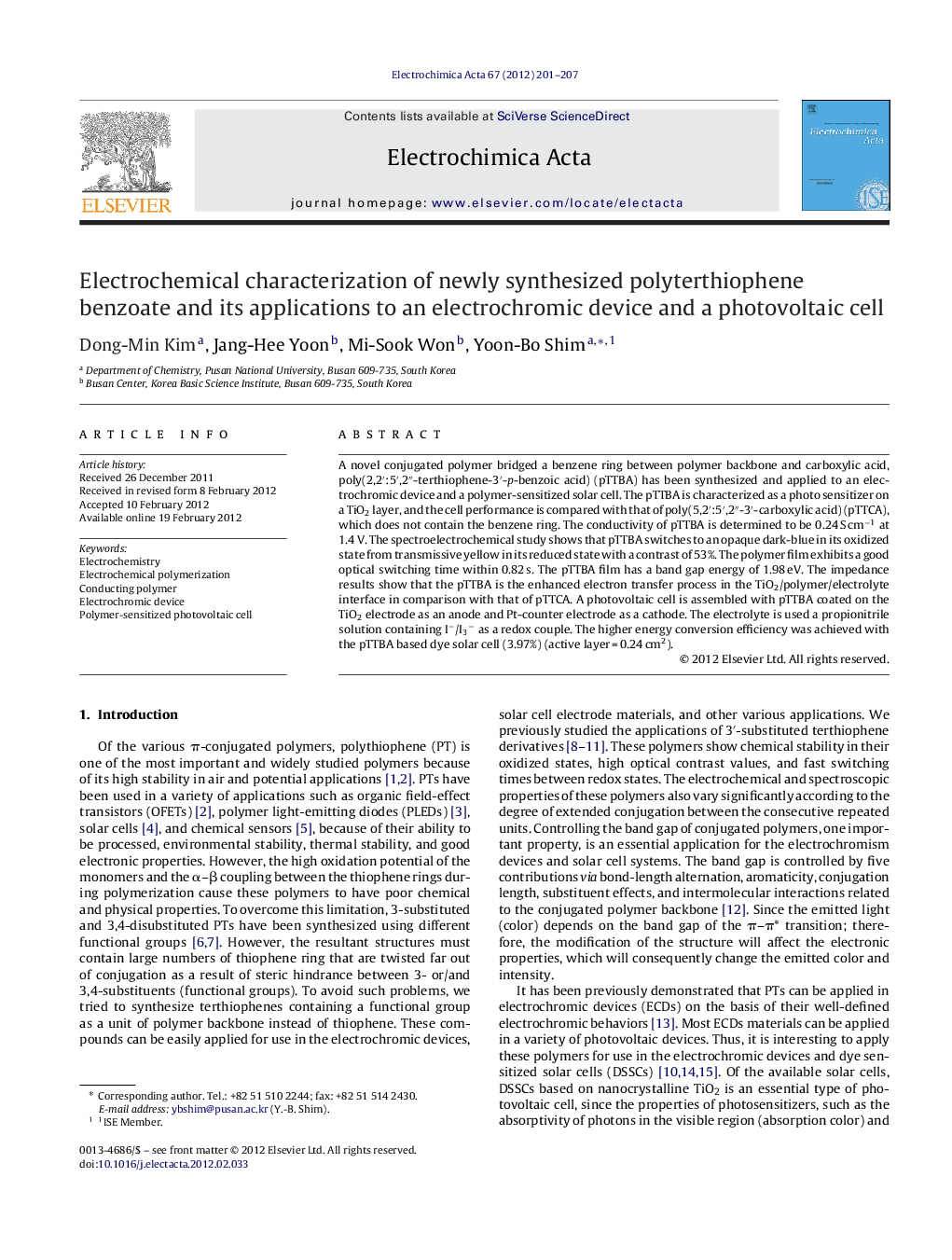 Electrochemical characterization of newly synthesized polyterthiophene benzoate and its applications to an electrochromic device and a photovoltaic cell