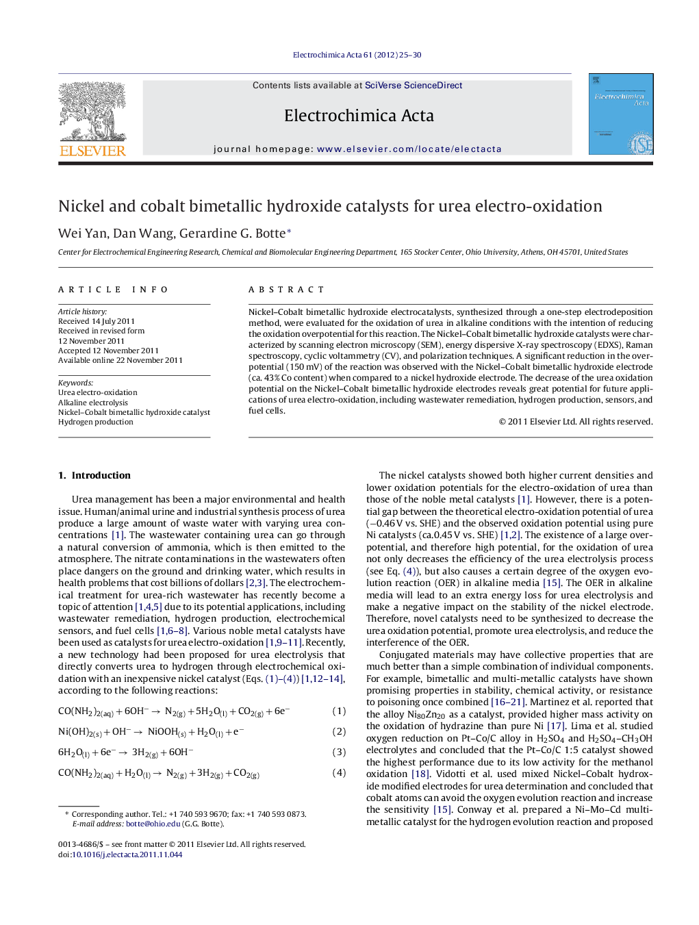 Nickel and cobalt bimetallic hydroxide catalysts for urea electro-oxidation