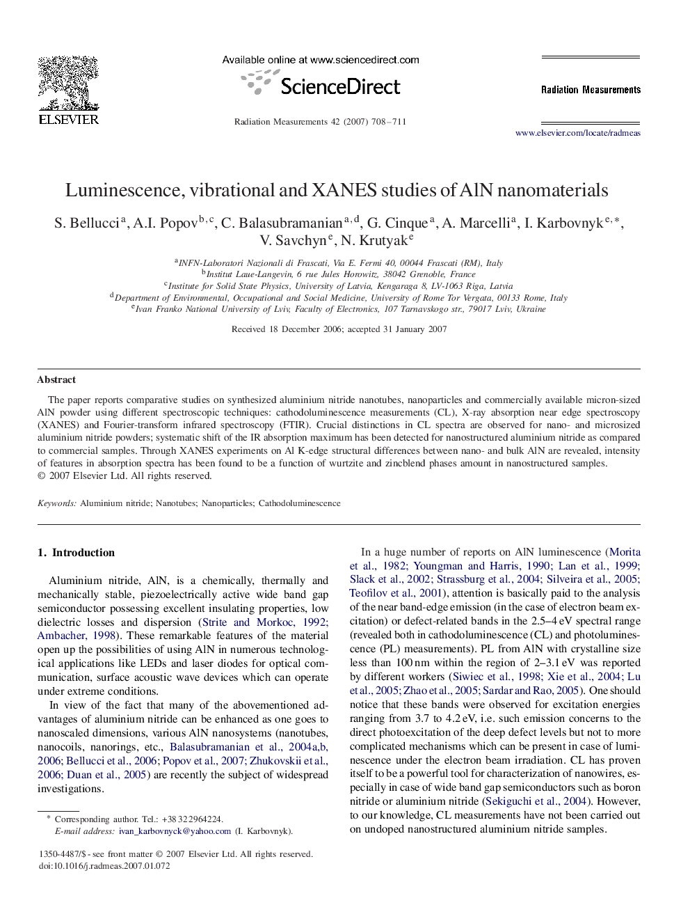 Luminescence, vibrational and XANES studies of AlN nanomaterials