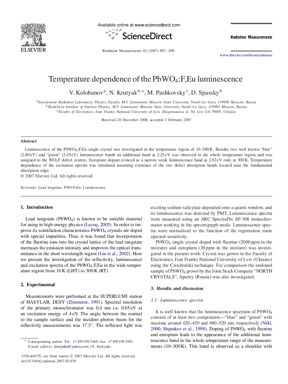 Temperature dependence of the PbWO4:F,Eu luminescence