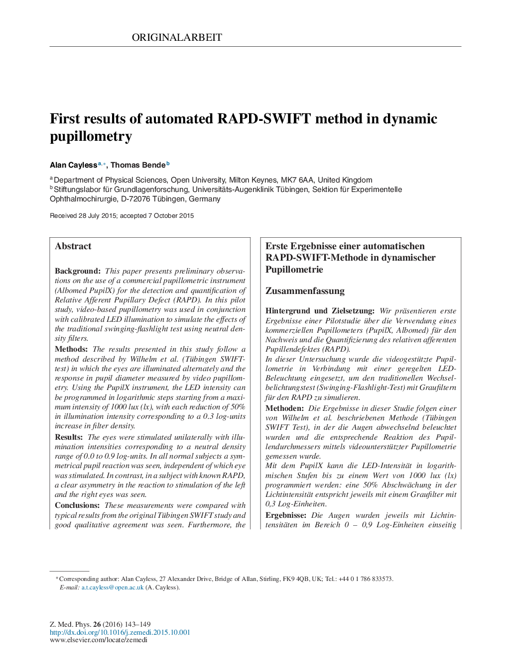 نتایج اول روش خودکار RAPD-SWIFT در pupillometry پویا