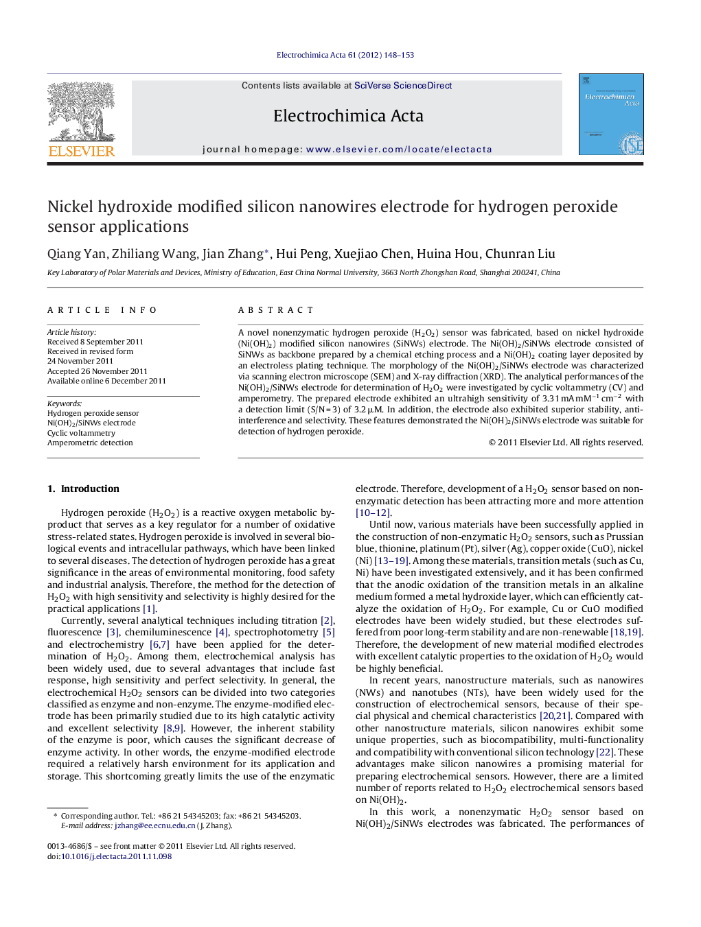 Nickel hydroxide modified silicon nanowires electrode for hydrogen peroxide sensor applications