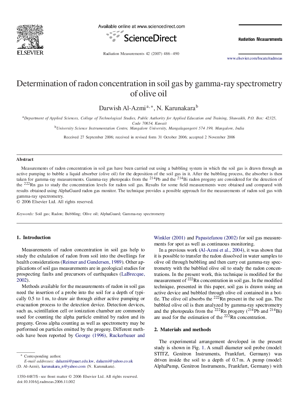 Determination of radon concentration in soil gas by gamma-ray spectrometry of olive oil