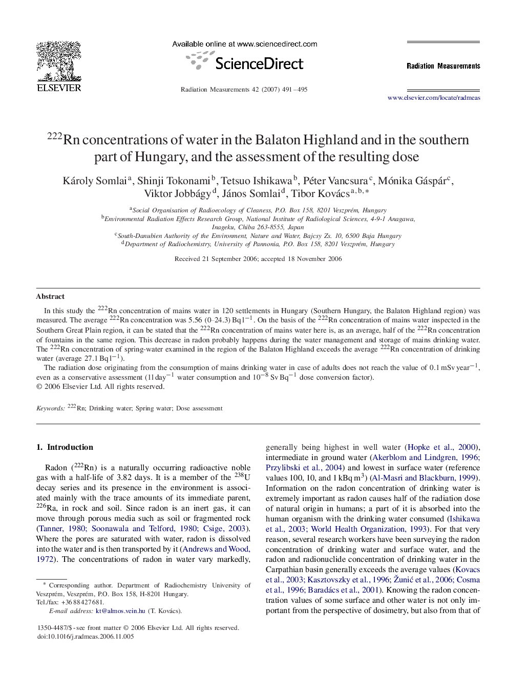 222Rn concentrations of water in the Balaton Highland and in the southern part of Hungary, and the assessment of the resulting dose