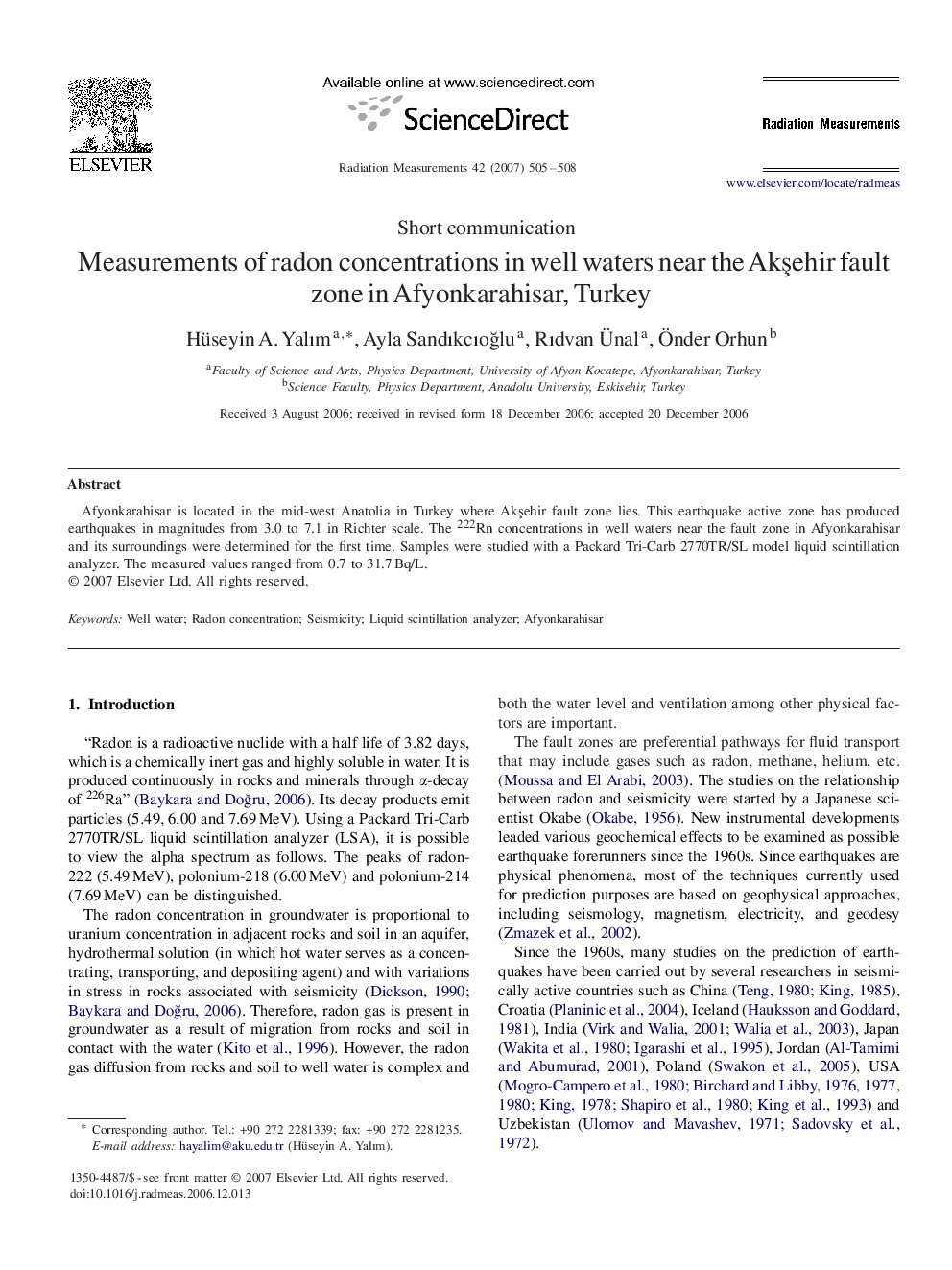 Measurements of radon concentrations in well waters near the Akşehir fault zone in Afyonkarahisar, Turkey