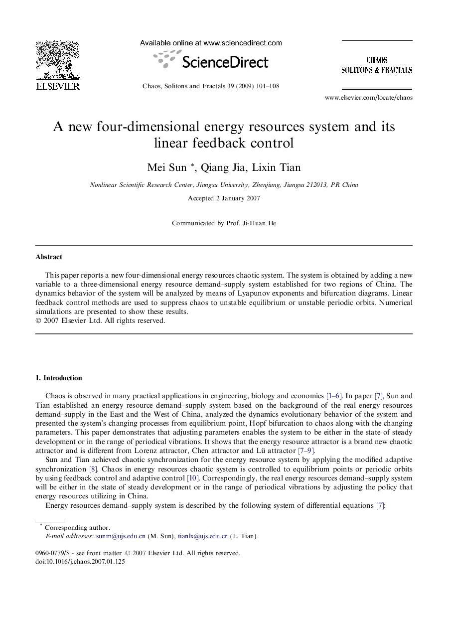 A new four-dimensional energy resources system and its linear feedback control