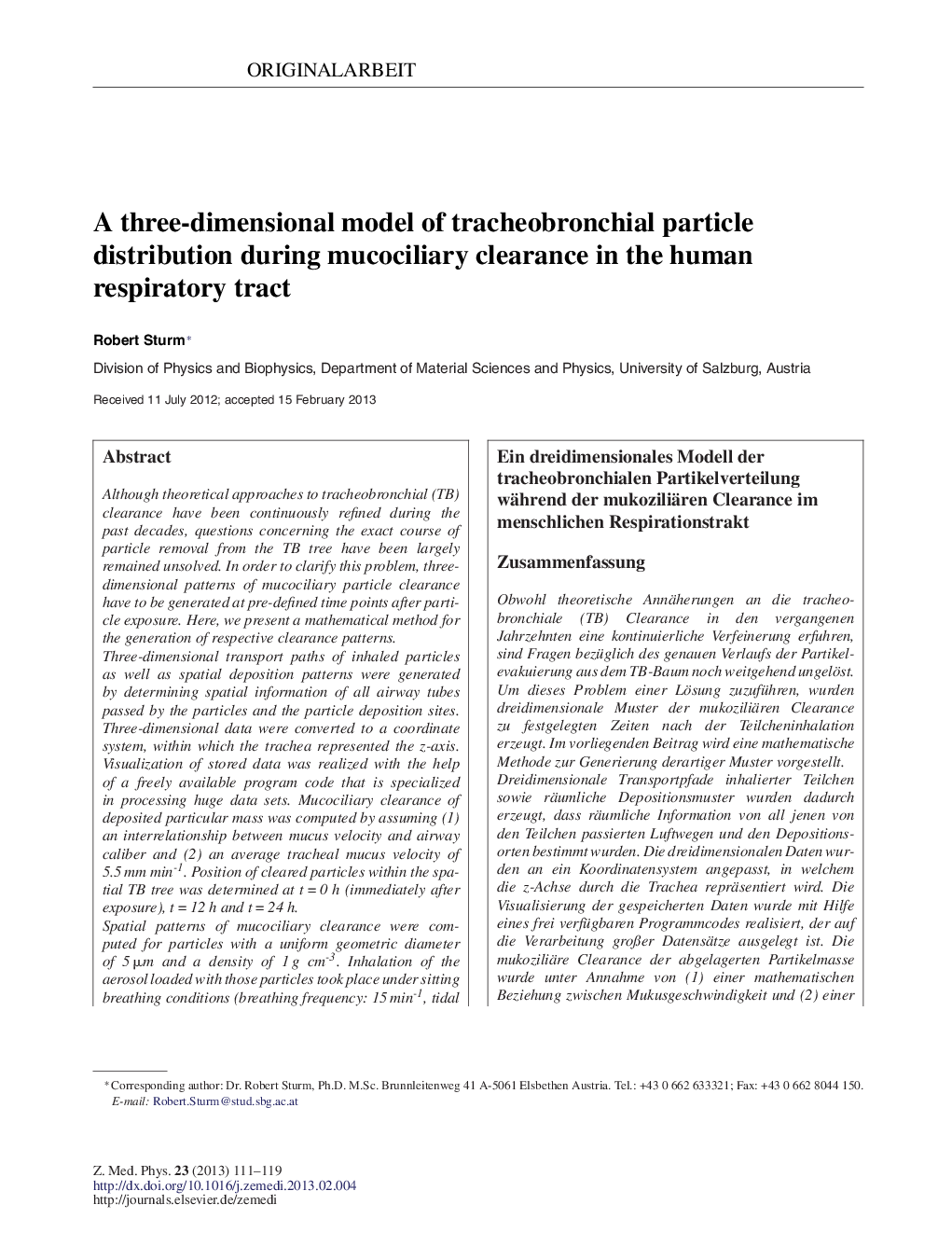 A three-dimensional model of tracheobronchial particle distribution during mucociliary clearance in the human respiratory tract