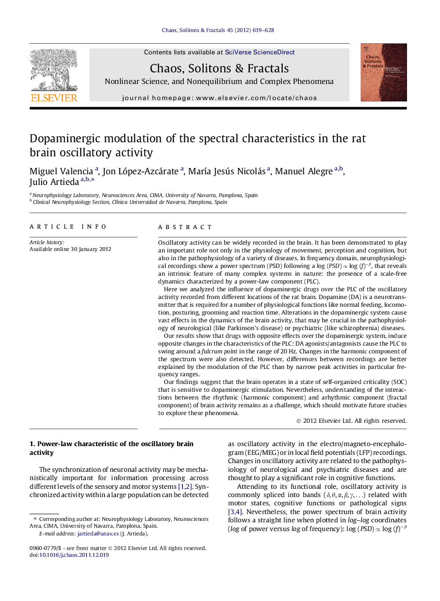 عکس صفحه اول مقاله: Dopaminergic modulation of the spectral characteristics in the rat brain oscillatory activity Dopaminergic modulation of the spectral characteristics in the rat brain oscillatory activity