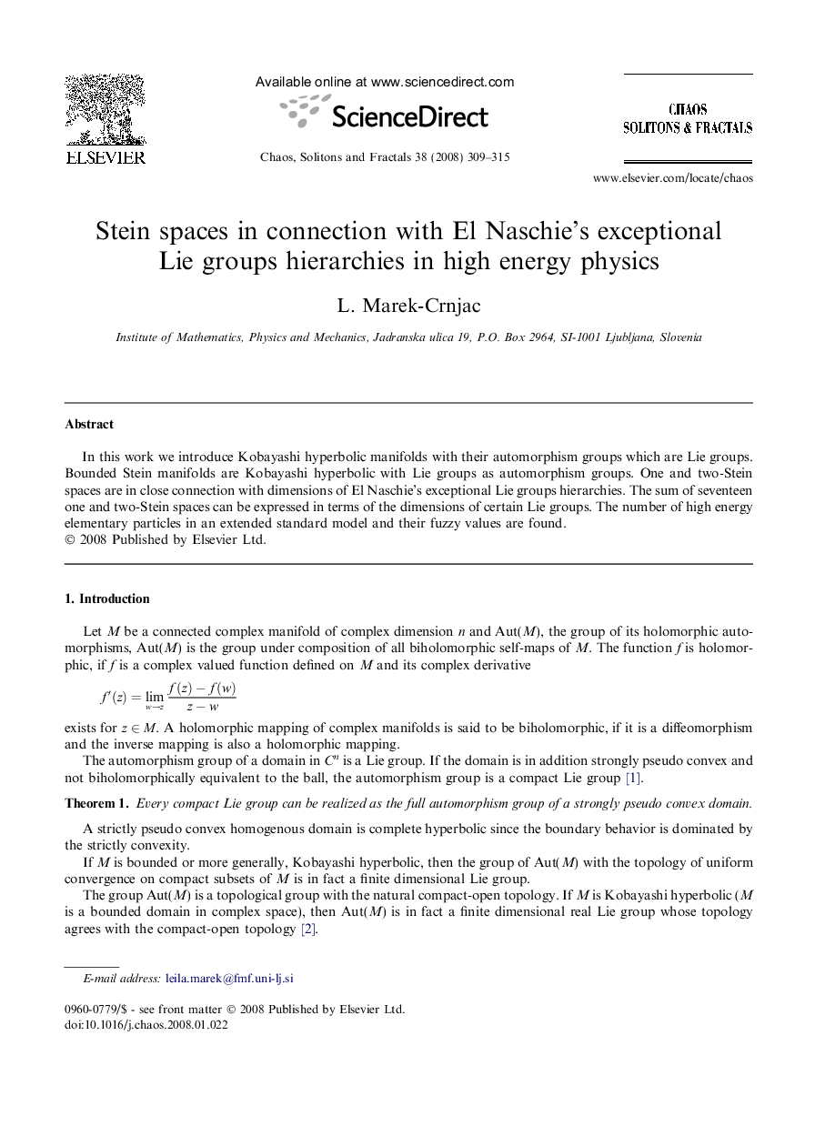 Stein spaces in connection with El Naschie's exceptional Lie groups hierarchies in high energy physics