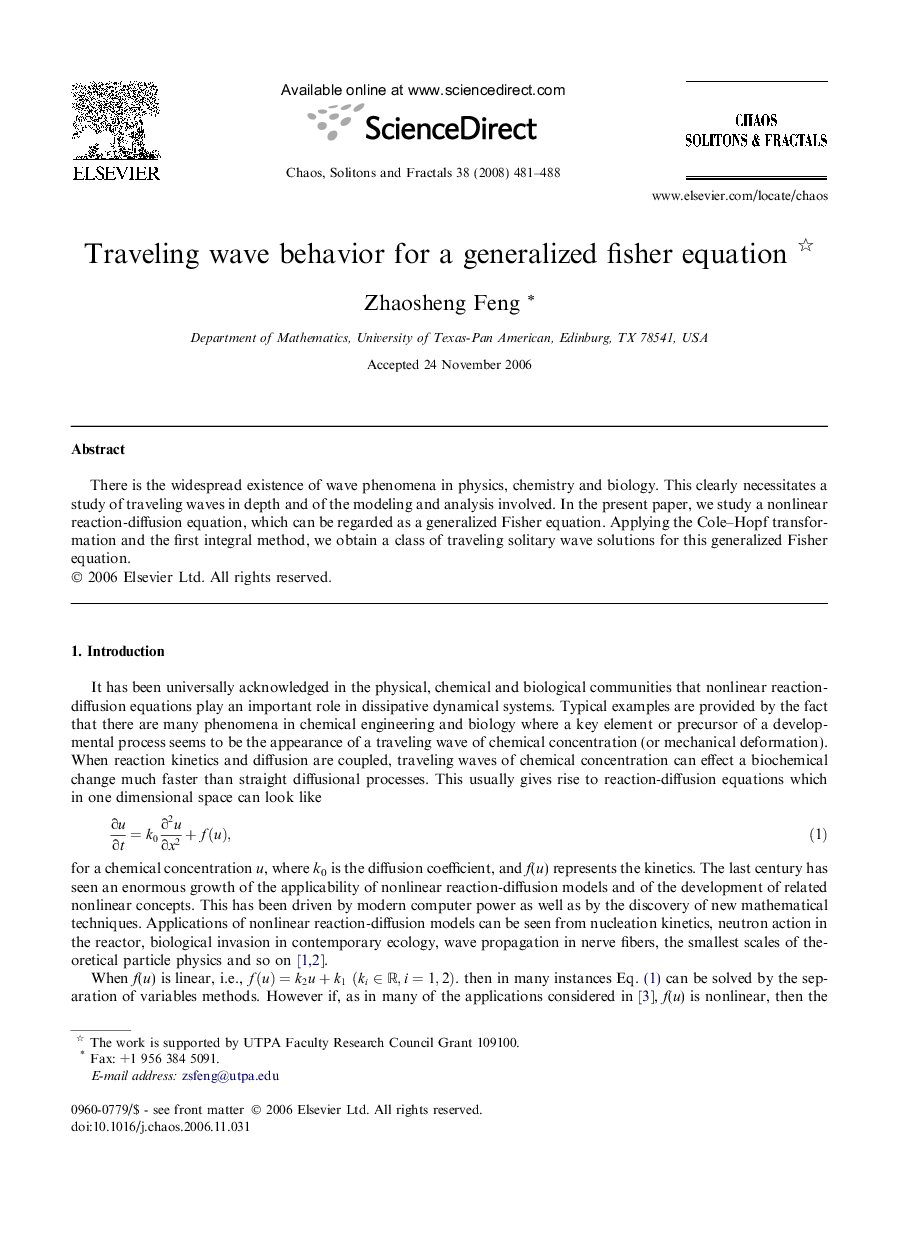 Traveling wave behavior for a generalized fisher equation 