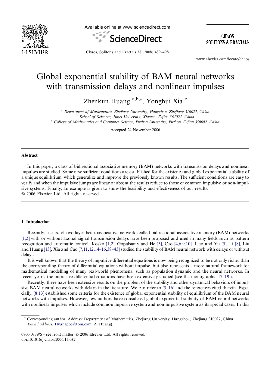 عکس صفحه اول مقاله: Global exponential stability of BAM neural networks with transmission delays and nonlinear impulses Global exponential stability of BAM neural networks with transmission delays and nonlinear impulses