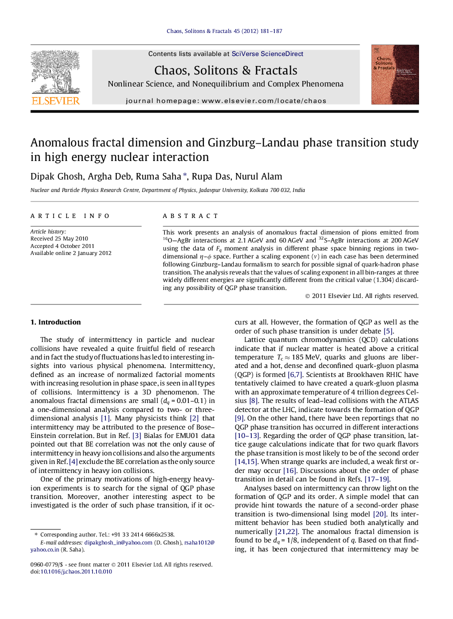 Anomalous fractal dimension and Ginzburg–Landau phase transition study in high energy nuclear interaction