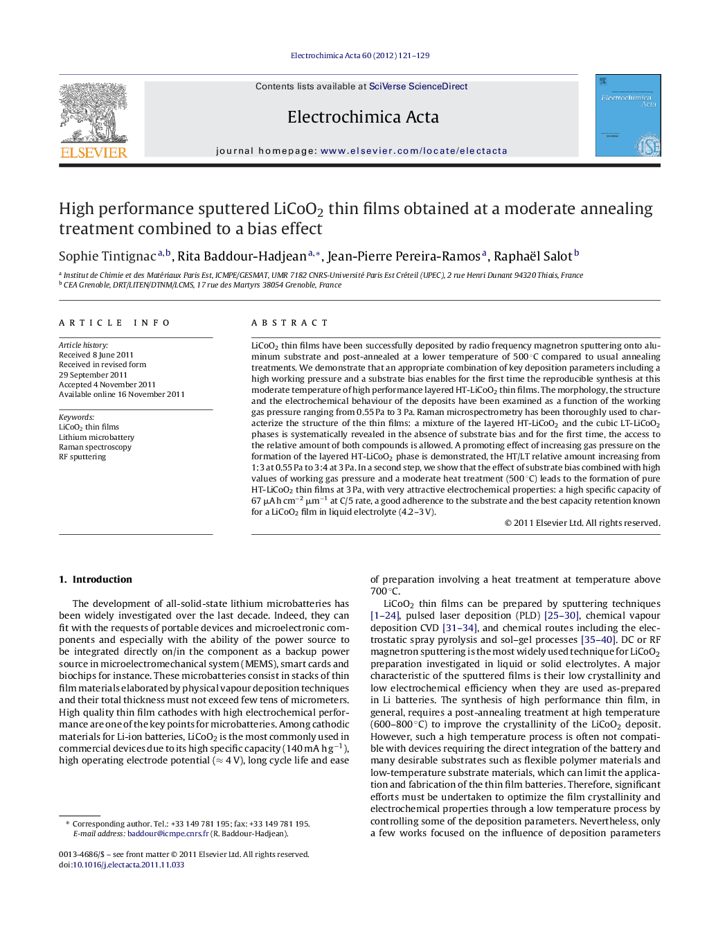 High performance sputtered LiCoO2 thin films obtained at a moderate annealing treatment combined to a bias effect