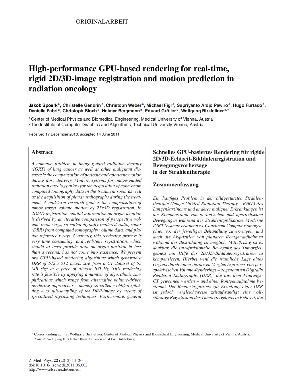 High-performance GPU-based rendering for real-time, rigid 2D/3D-image registration and motion prediction in radiation oncology