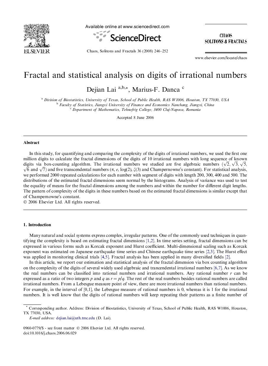 Fractal and statistical analysis on digits of irrational numbers