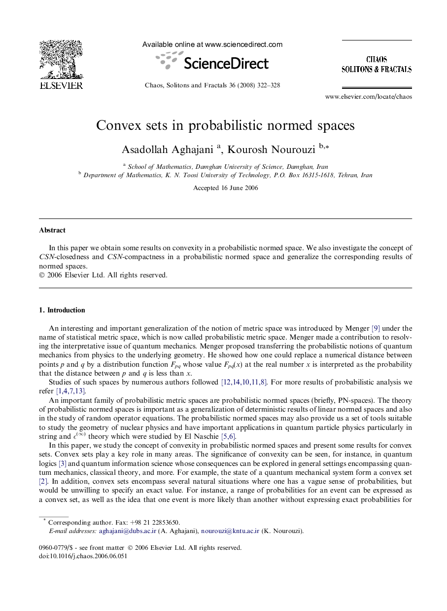 Convex sets in probabilistic normed spaces