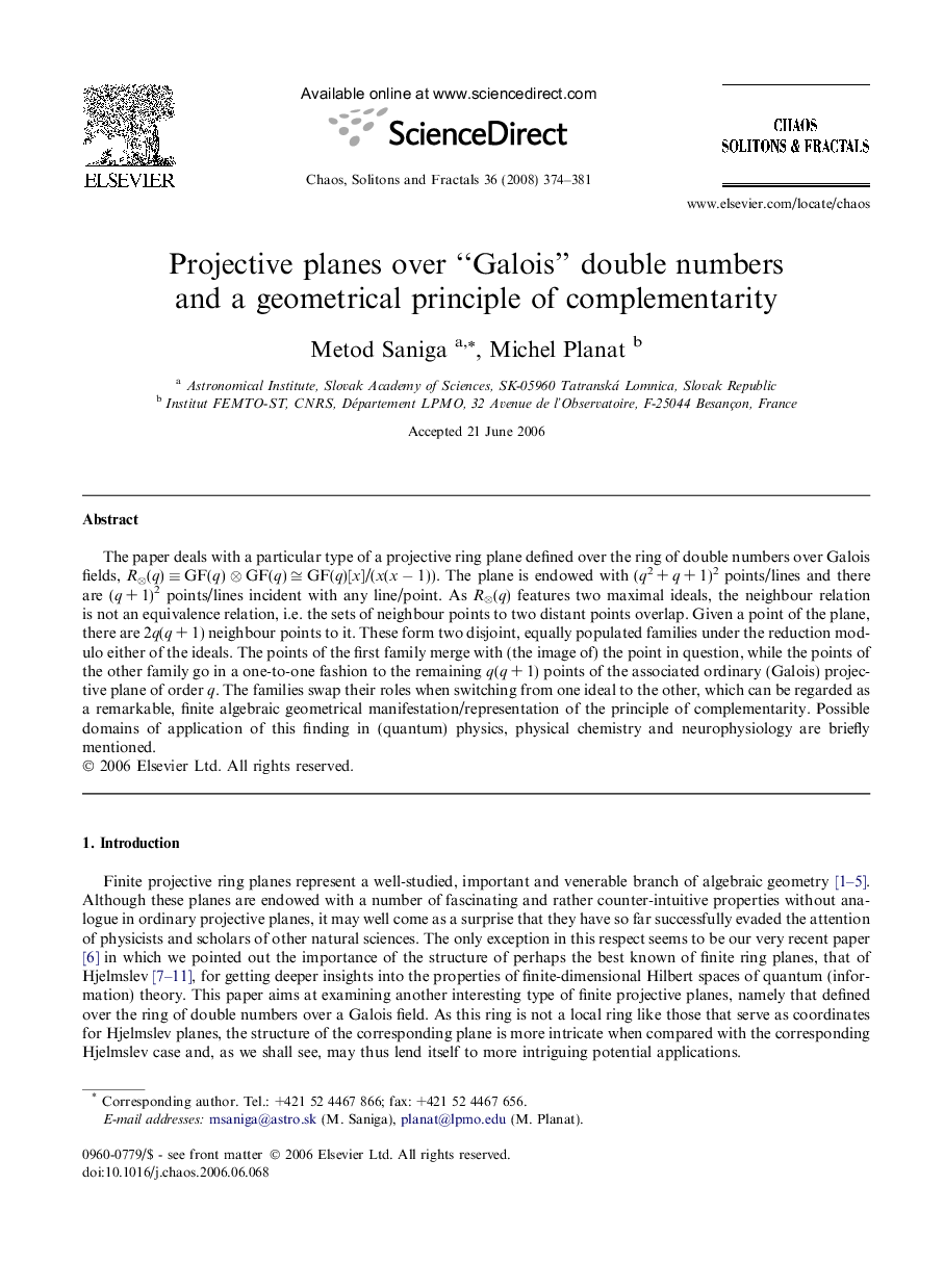 Projective planes over “Galois” double numbers and a geometrical principle of complementarity