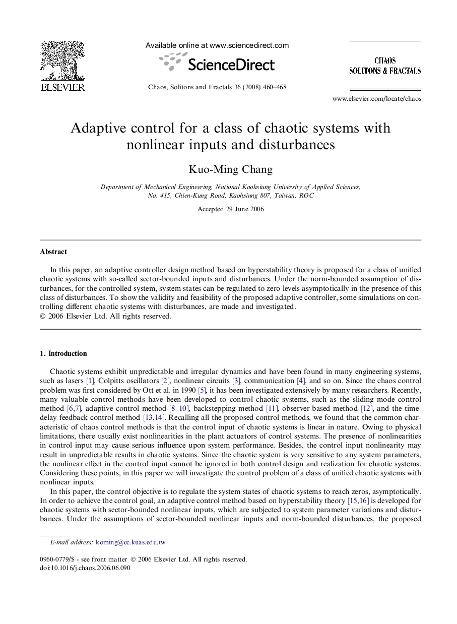 عکس صفحه اول مقاله: Adaptive control for a class of chaotic systems with nonlinear inputs and disturbances Adaptive control for a class of chaotic systems with nonlinear inputs and disturbances