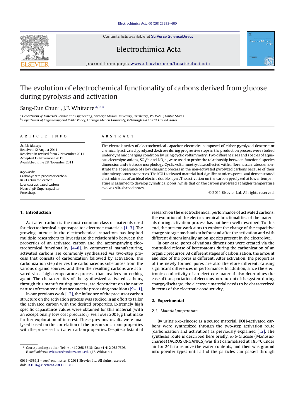 عکس صفحه اول مقاله: The evolution of electrochemical functionality of carbons derived from glucose during pyrolysis and activation The evolution of electrochemical functionality of carbons derived from glucose during pyrolysis and activation