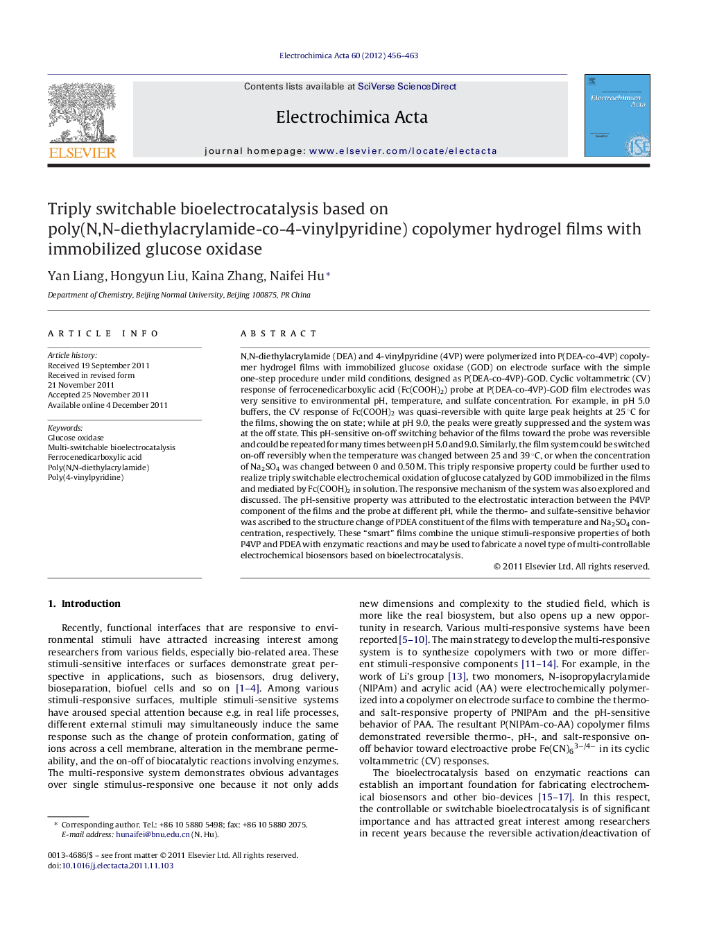 Triply switchable bioelectrocatalysis based on poly(N,N-diethylacrylamide-co-4-vinylpyridine) copolymer hydrogel films with immobilized glucose oxidase