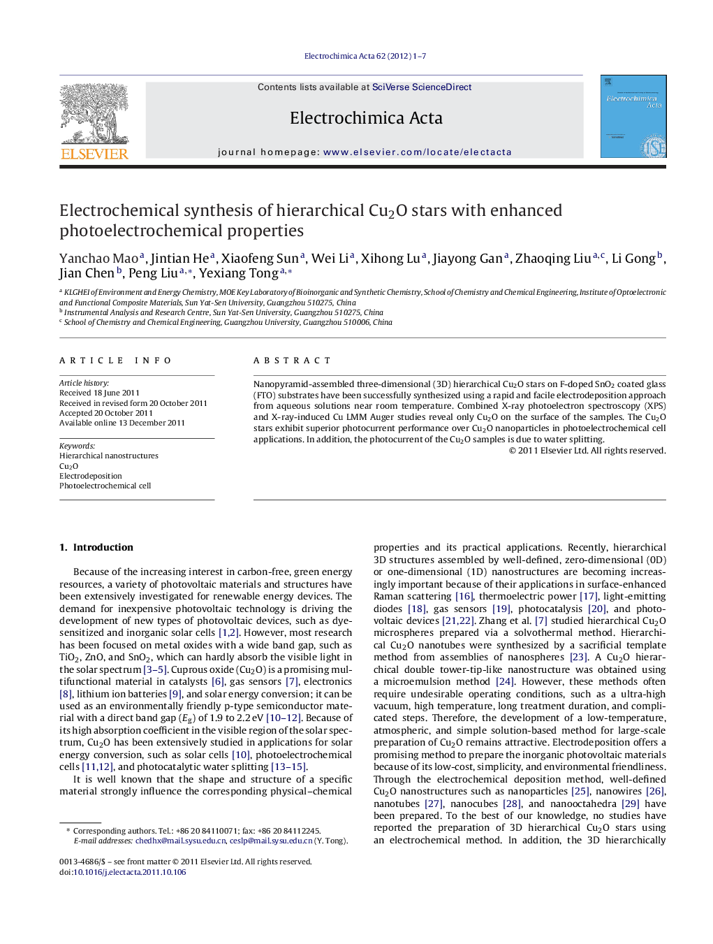 Electrochemical synthesis of hierarchical Cu2O stars with enhanced photoelectrochemical properties