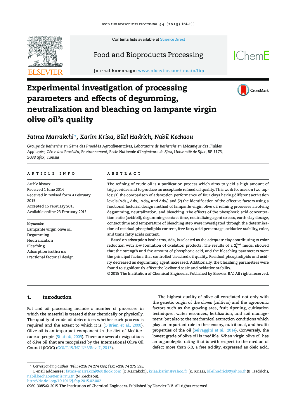 Experimental investigation of processing parameters and effects of degumming, neutralization and bleaching on lampante virgin olive oil's quality