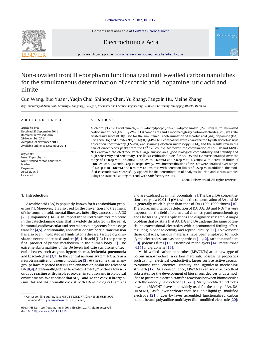 Non-covalent iron(III)-porphyrin functionalized multi-walled carbon nanotubes for the simultaneous determination of ascorbic acid, dopamine, uric acid and nitrite