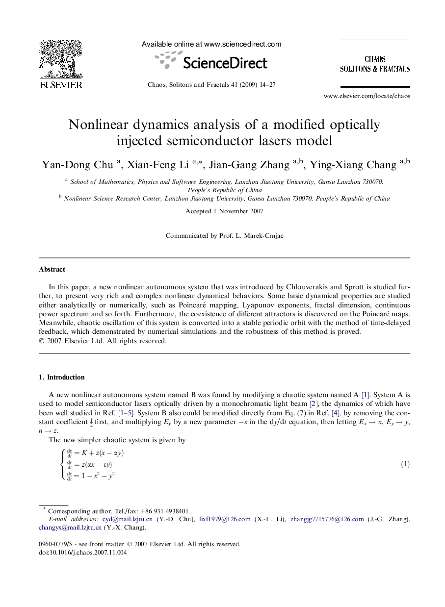 عکس صفحه اول مقاله: Nonlinear dynamics analysis of a modified optically injected semiconductor lasers model Nonlinear dynamics analysis of a modified optically injected semiconductor lasers model